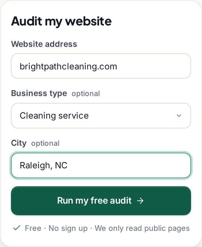 The free audit form on a phone: website address, business type and city, with the Run my free audit button