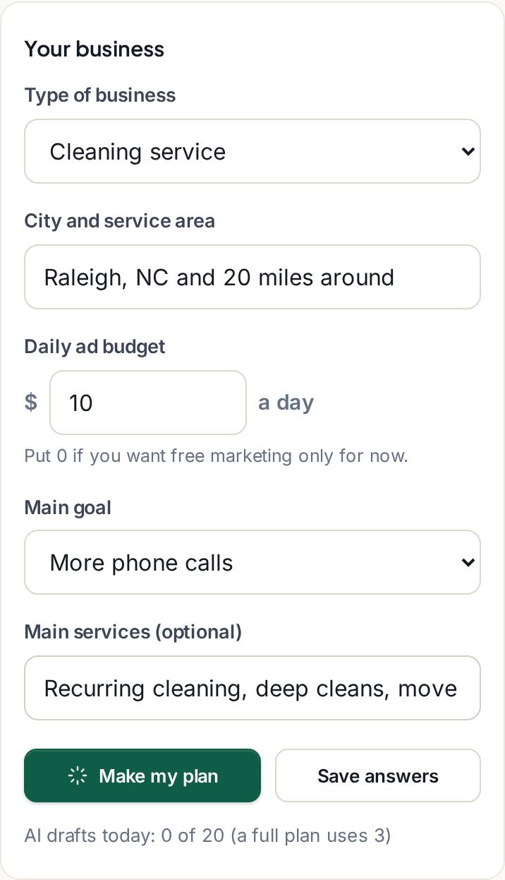 The 4 Growth questions on a phone: type of business, city and service area, daily ad budget and main goal, with the Make my plan button