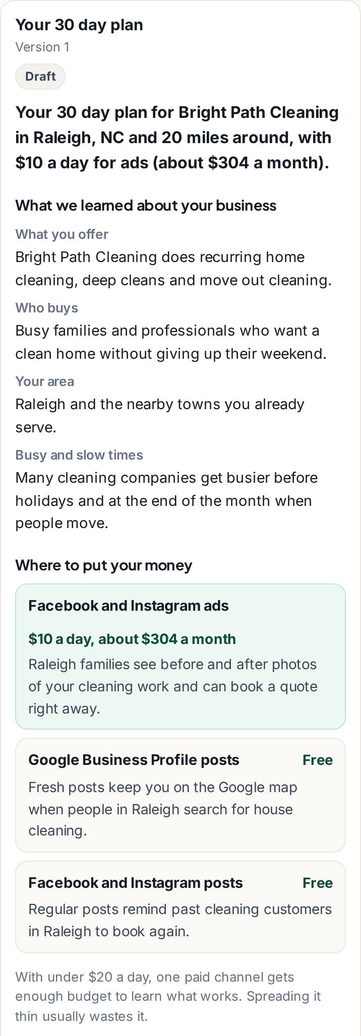 The top of a 30 day plan for a sample cleaning company in Raleigh: what you offer, who buys, your area and where to put your money, with a reason for each channel