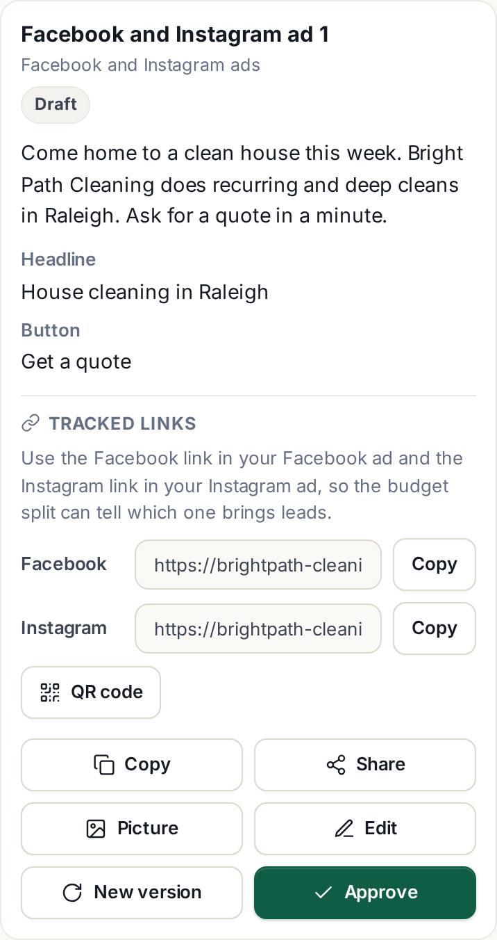 A Facebook and Instagram ad draft with its own Facebook link and Instagram link, each with a Copy button, and a QR code button