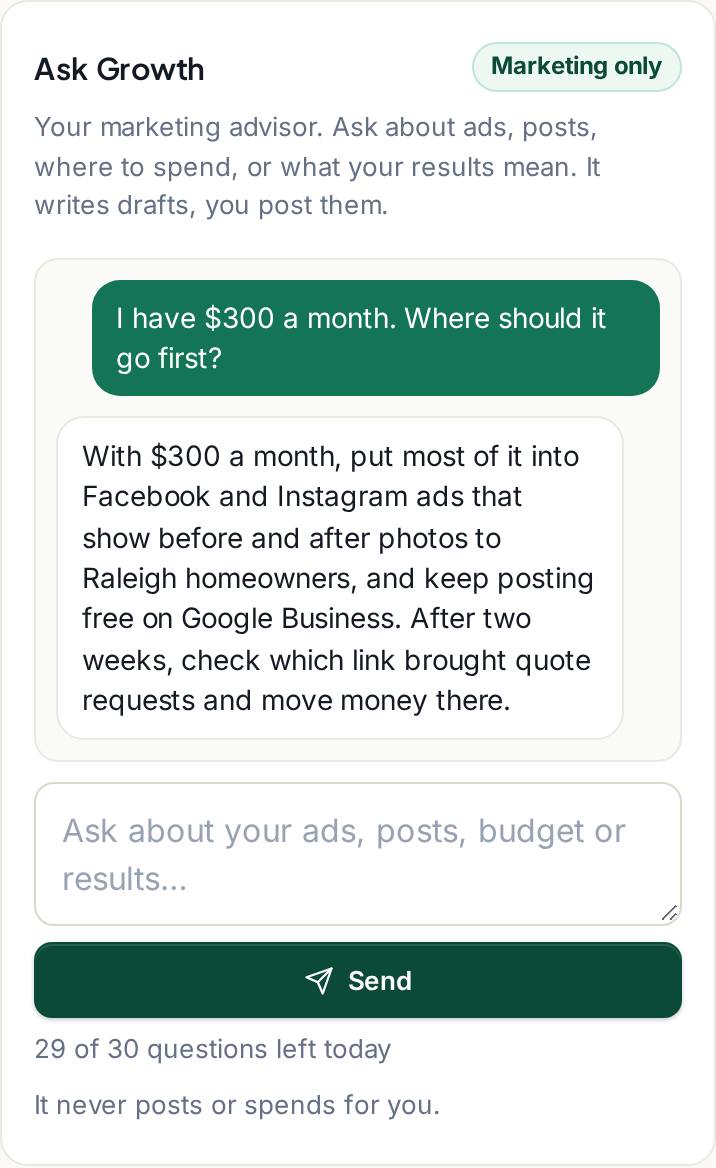 Ask Growth on a phone: the owner asks where $300 a month should go first and the advisor answers with a plain recommendation