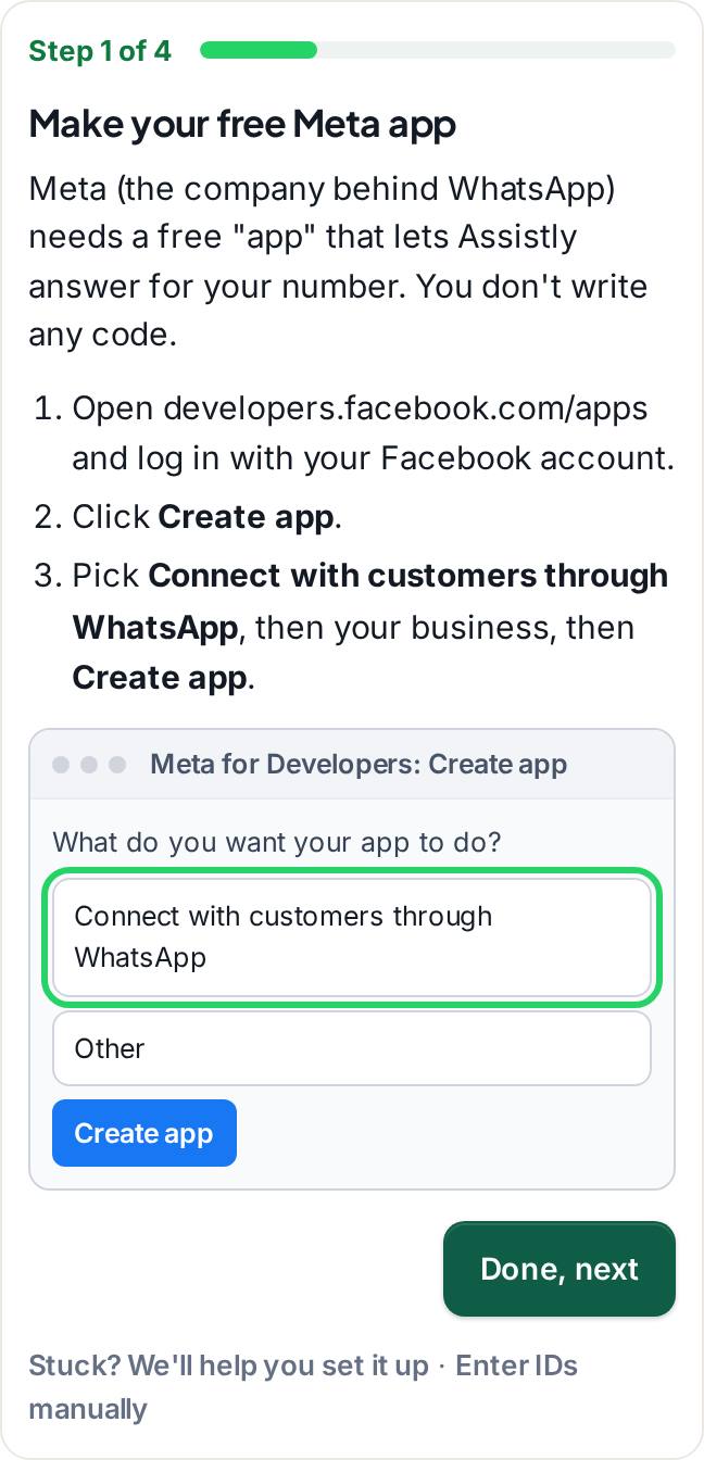 Step 1 of 4 in the Assistly WhatsApp wizard on a phone: make your free Meta app, with Meta's button names in bold and a picture of the Meta screen