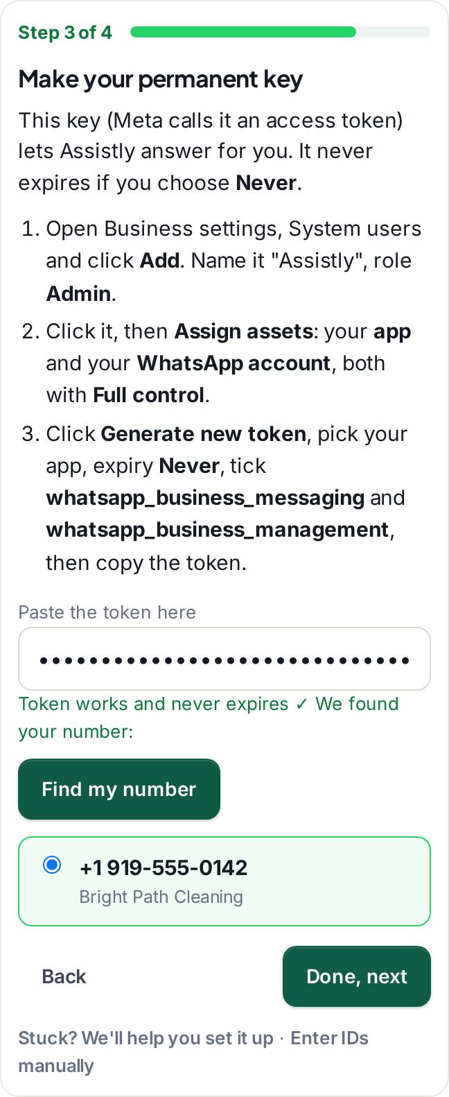 Step 3 of 4 in the wizard: the token is pasted, Assistly confirms it never expires and shows the business number it found, picked and ready