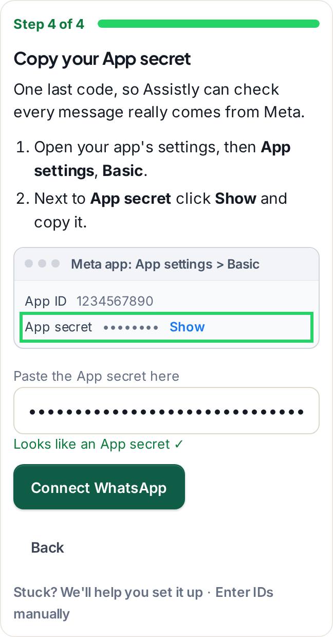 Step 4 of 4 in the wizard: paste the App secret from App settings, Basic, with an instant check that it looks right and the Connect WhatsApp button