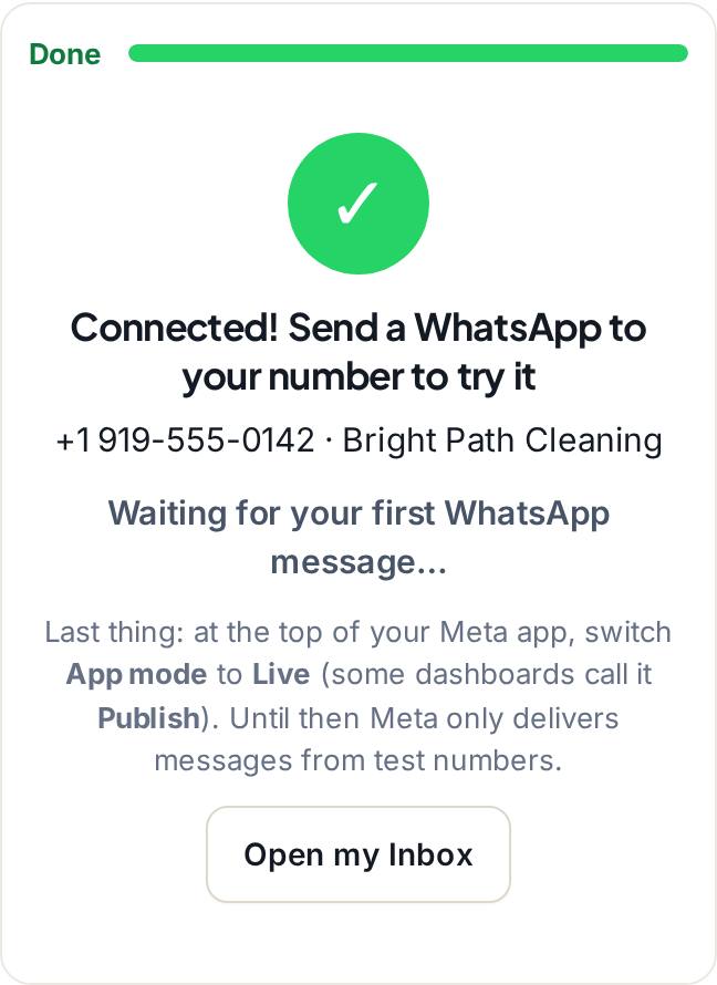 The green Connected screen in Assistly showing the connected WhatsApp business number and a reminder to switch the Meta app to Live